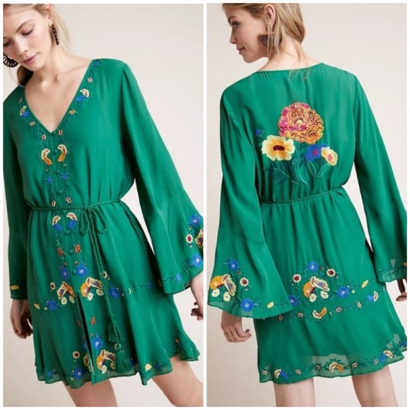 FARM RIO Jessalyn Embroidered Dress Green Floral Mini SZ L - Picture 1 of 7